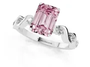 Fancy Pink Emerald Cut Diamond Solitaire Ring Set in White gold with Ribbon Twist Band, Round Accents and Prong Setting