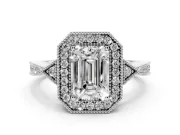 Emerald Cut Vintage Milgrain Halo Engagement Ring Setting | Graduated Pavé Band | Sterling Silver