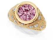 Fancy Pink Round Cut Diamond Bezel Ring Set in Yellow gold with Milgrain Accent Band