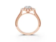 Cushion Cut Diamond Halo Milgrain Pavé Ring Set in Rose gold with Prong Setting