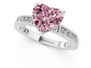 Fancy Pink Heart Cut Diamond Solitaire Ring Set in Platinum with Slim Pavé Band and Prong Setting