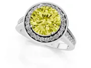 Fancy Yellow Round Cut Diamond Halo Solitaire Ring Set in White gold with Pavé Band and Bezel Setting