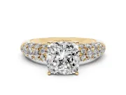 Cushion Cut Multi Row Pave Solitaire Engagement Ring Setting | Domed Shoulders | Yellow Gold