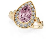 Fancy Pink Pear Cut Diamond Halo Engagement Ring Set in Yellow gold with Twisted Band and Prong Setting