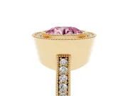 Fancy Pink Round Cut Diamond Halo Engagement Ring Set in Yellow gold with Pavé Band and Round Halo Stones