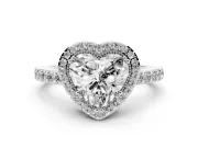 Heart Cut Diamond Halo Engagement Ring Set in White gold with Milgrain Detail and Pavé Band