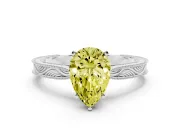 Fancy Yellow Pear Cut Diamond Solitaire Milgrain Engraved Band Set in Silver with Prong Setting