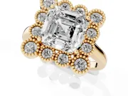 Asscher Cut Vintage Milgrain Bezel Cluster Halo Engagement Ring Setting | Plain Band | Yellow Gold