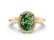 Fancy Green Oval Cut Diamond Halo Engagement Ring Set in Yellow gold with Plain Split Shank and Prong Setting