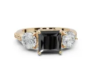 Princess Cut Three Stone Engagement Ring Setting for a Black Center | Tapered Pavé Band | Yellow Gold