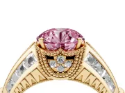 Fancy Pink Round Cut Diamond Vintage-Inspired Milgrain Ring Set in Yellow gold with Accent Split Shank