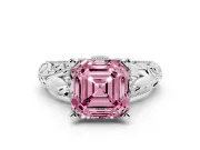 Fancy Pink Asscher Cut Diamond Filigree Halo Engagement Ring Set in Silver with Prong Setting
