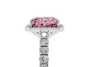 Fancy Pink Radiant Cut Diamond Halo Engagement Ring Set in Platinum with Pavé Band and Prong Setting
