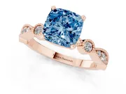 Fancy Blue Cushion Cut Diamond Solitaire Engagement Ring Set in Rose gold with Milgrain Bezel Accent Band