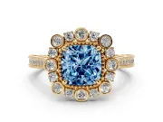 Fancy Blue Cushion Cut Diamond Halo Milgrain Pavé Ring Set in Yellow gold with Prong Setting