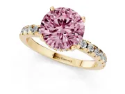 Round Hidden Halo Solitaire Engagement Ring Setting for a Fancy Pink Lab-Grown Diamond | Pave Band | Yellow Gold
