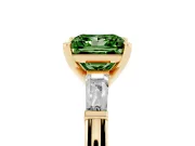 Fancy Green Princess Cut Diamond Solitaire Ring Set in Yellow gold with Tapered Baguette Side Stones and Prong Setting