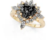 Fancy Black Heart Cut Diamond Cluster Halo Ring Set in Yellow gold with Marquise and Round Accents