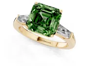Fancy Green Asscher Cut Diamond Solitaire Ring Set in Yellow gold with Tapered Baguette Side Stones and Prong Setting