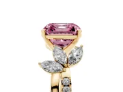 Fancy Pink Asscher Cut Diamond Floral Vine Solitaire Engagement Ring Set in Yellow gold with Marquise Leaves