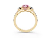 Fancy Pink Cushion Cut Diamond Three-Stone Ring Set in Yellow gold with Round Side Stones and Delicate Pavé Band