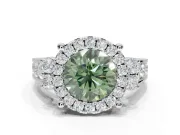 Round Halo Engagement Ring Setting for a Fancy Green Lab-Grown Diamond | Side Clusters | Platinum