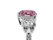 Fancy Pink Heart Cut Diamond Three-Stone Ring Set in Platinum with Milgrain Band