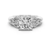 Princess Cut Diamond Cluster Ring Set in Silver with Round Accent Stones and Prong Setting on a Plain Band