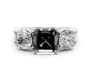 Asscher Cut Three Stone Engagement Ring Setting for a Black Center | Round Side Stones | Sterling Silver
