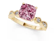 Fancy Pink Cushion Cut Diamond Solitaire Engagement Ring Set in Yellow gold with Milgrain Bezel Accent Band