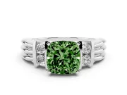 Fancy Green Three-Stone Cushion Cut Diamond Channel Set Ring Set in Silver with Bar Prongs
