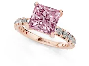 Fancy Pink Princess Cut Diamond Pavé Solitaire Ring Set in Rose gold with Round Band and Prong Setting