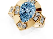 Fancy Blue Pear Cut Diamond Milgrain Halo Ring Set in Yellow gold with Split Shank