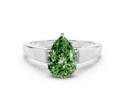 Fancy Green Pear Cut Diamond Solitaire Engagement Ring Set in White gold with Prong Setting and Tapered Band