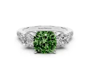 Fancy Green Three-Stone Cushion Cut Diamond Pavé Band Ring Set in White gold with Prong-Set Trio