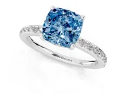 Fancy Blue Cushion Cut Diamond Pavé Band Ring Set in White gold with Prong-Set Center Stone