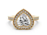 Heart-Shaped Double Milgrain Halo Engagement Ring Setting | Pave Band | Yellow Gold