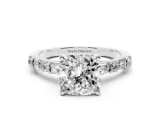 Cushion Cut Diamond Solitaire Set in Silver with Side Baguettes and Channel Set Band