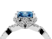 Fancy Blue Asscher Cut Diamond Halo Twist Band Solitaire Ring Set in Platinum with Prong-Set Center Stone