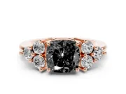 Fancy Black Cushion Cut Diamond Solitaire Ring Set in Rose gold with Cluster Accents on Each Side