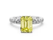 Fancy Yellow Emerald Cut Diamond Pavé Solitaire Ring Set in Platinum with Round Band and Prong Setting
