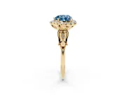 Fancy Blue Heart Cut Diamond Halo Engagement Ring Set in Yellow gold with Filigree Band and Prong-Set Center