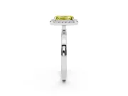 Fancy Yellow Emerald Cut Diamond Halo Solitaire Ring Set in White gold with Pavé Band and Prong Setting