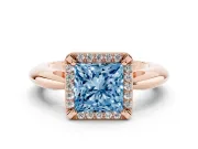 Fancy Blue Princess Cut Diamond Halo Engagement Ring Set in Rose gold with Plain Split Shank and Prong Setting