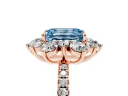 Fancy Blue Emerald Cut Diamond Floral Halo Ring Set in Rose gold with Round Pavé Band and Prong Setting