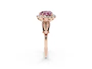 Fancy Pink Heart Cut Diamond Halo Engagement Ring Set in Rose gold with Filigree Band and Prong-Set Center