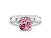 Fancy Pink Cushion Cut Diamond Solitaire Engagement Ring Set in White gold with Flat Band and Prong Setting