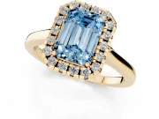 Emerald Cut Halo Engagement Ring Setting for a Fancy Blue Lab-Grown Diamond | Flat Tapered Band | Yellow Gold
