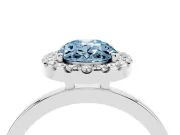 Fancy Blue Oval Cut Diamond Halo Solitaire Ring Set in White gold with Pavé Band and Prong Setting