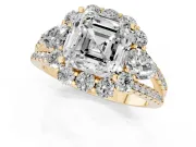 Asscher Cut Scalloped Halo Engagement Ring Setting | Pear Side Stones | Yellow Gold